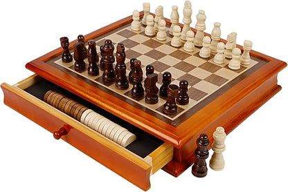 Juegoal 12-Inch Wooden Chess &amp Checkers Set with Storage Drawer Portable Board Games for Kids and Adults