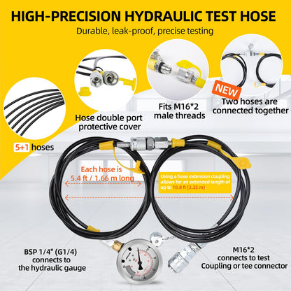 Hydraulic Pressure Test Kit - 5 Gauges (150-10000 PSI), 13 Couplings, 14 Tee Connectors with Markings, 6 Hoses + Extension Adapter (Reach 10.8 ft), for Excavators, Loaders, Hydraulic Machinery