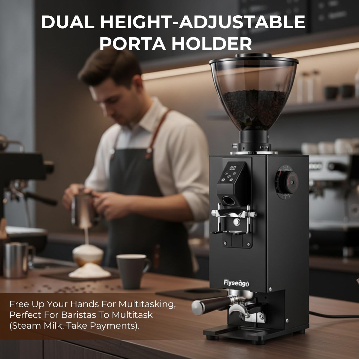 Flyseago Commercial Coffee Grinder with Electric Tamper, 64mm SUS420 Flat Burr, 14 Grind Settings for Café, Bakery