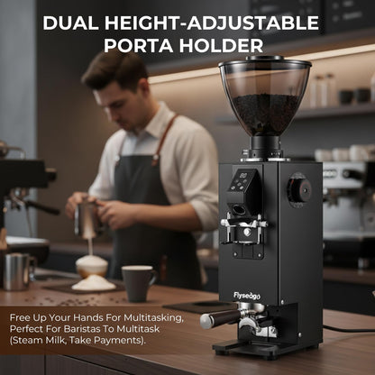 Flyseago Commercial Coffee Grinder with Electric Tamper, 64mm SUS420 Flat Burr, 14 Grind Settings for Café, Bakery