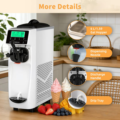 Ice Cream Machine – 3.5 Gals/H Single Flavor Ice Cream Maker 5 Inch Screen Soft Serve Ice Cream Machine with Pre-Cooling Soft Serve Machine with 1.6 Gals Tank for Home, Parties,Cafés,and School