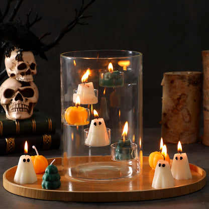 Reallnaive Halloween Glass Hurricane Candle Holder with Candles and Tea Light Clear Cylinder Pillar Candle Holder for Halloween Table Centerpiece Decorations(23 Candles,Three Style)