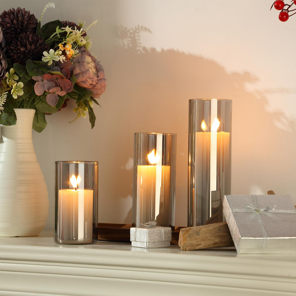 Shihanee 36 Pcs Pillar Candles and Glass Cylinder Vases Tall Cylinder Holders for Pillar Candles Wedding Centerpieces, Total 18 Sets(2.6'' X 4.7'', 5.9'', 7.9'',Smoke Gray,White)