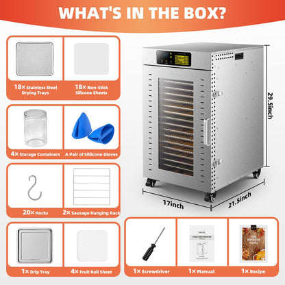Septree Commercial Food Dehydrator 18 Trays, 2000W Large Capacity 34.42ft² Food Dryer Machine for Jerky, Meat, Fruit, Herbs, Full Stainless Steel Industrial Dehydrater Biltong Maker