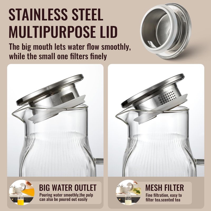 Snuvid 2 Pack 2 Liter/68 oz Square Glass Pitcher with Lid, Classic Stripes Water Pitchers with Handle for Fridge, Large Jug for Iced Tea, Borosilicate Glass Carafe for Hot/Cold Brew Drink, Silver