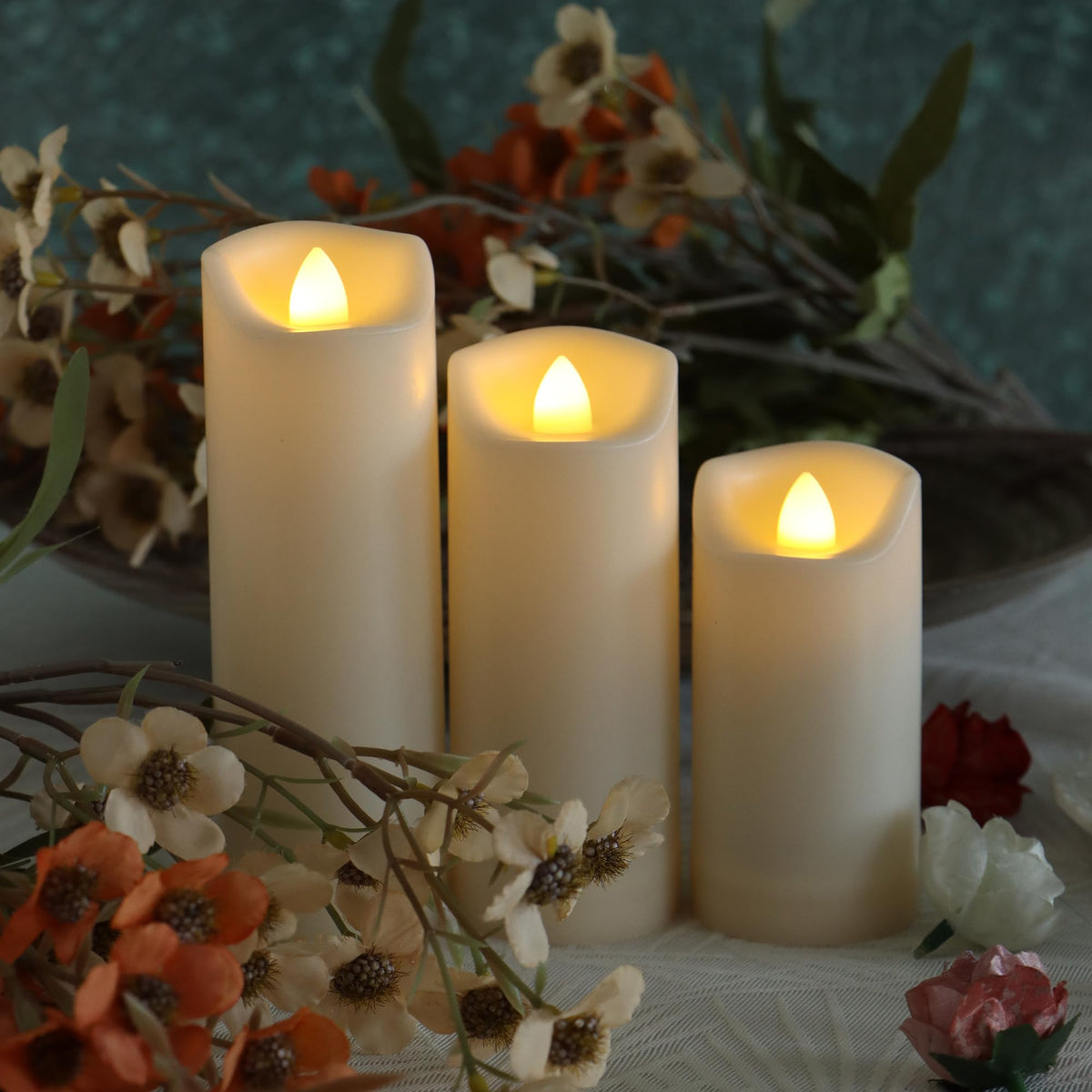 3 Pack LED Battery Operated Candles 2"x4"/5"/6" Plastic Flickering Flameless Candles with Timer Outdoor Waterproof Wedding Party Halloween Christmas Decoration Gifts Realistic Slim Pillar Candles