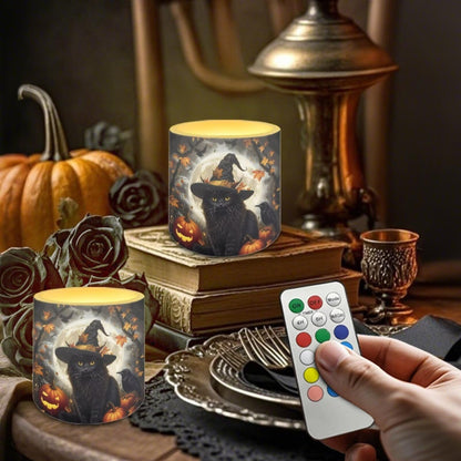 Merkmak 4Pcs Halloween Flameless Candles with 18-Key Remote Battery Operated Candles with Timer, Moon Black Cat Pumpkin LED Pillar Tea Lights for Party Banquet Home Decoration