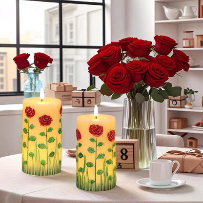 Eldnacele Rose Flameless Candles with 6 Hour Timer, Battery Operated Hand Painted 3D Wick Flickering Real Wax LED Pillar Candles for Spring Dinner Christmas Holiday Decor((2Pcs, D3×H6.5)