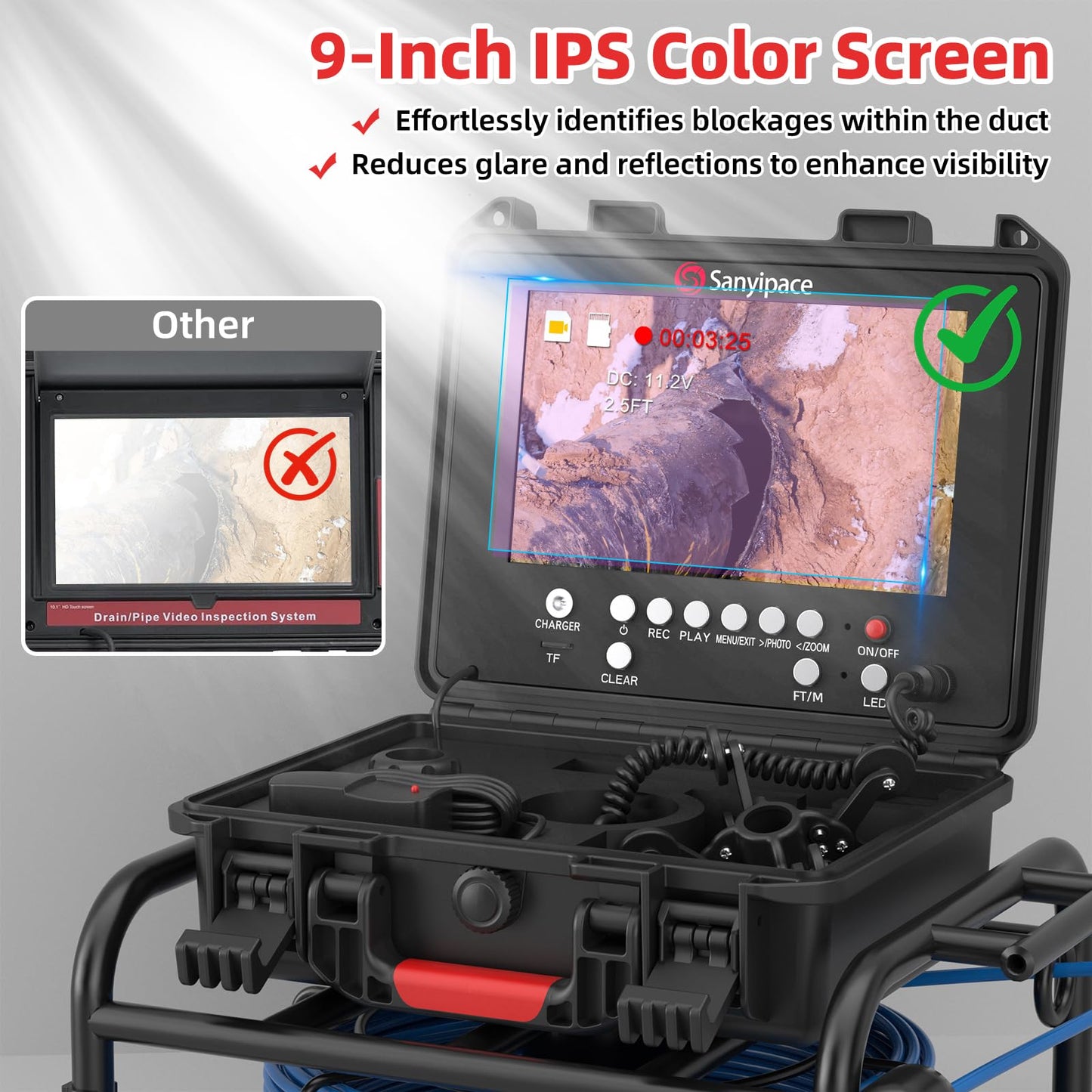 Sanyipace Sewer Camera Self-leveling with Locator, 512Hz Drain Camera with Distance Counter, Waterproof 100FT/30M Pipe Camera with 9" Screen, 1080P, 23mm/0.9in Borescope Inspection Camera for Plumbing