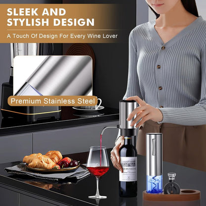 Rechargeable Electric Wine Opener 5-In-1 Set, Stainless Steel Automatic Wine Opener with Electric Wine Aerator, Foil Cutter, Wine Stopper & Base, Elegant Gift Box for Birthday, Housewarming, Christmas