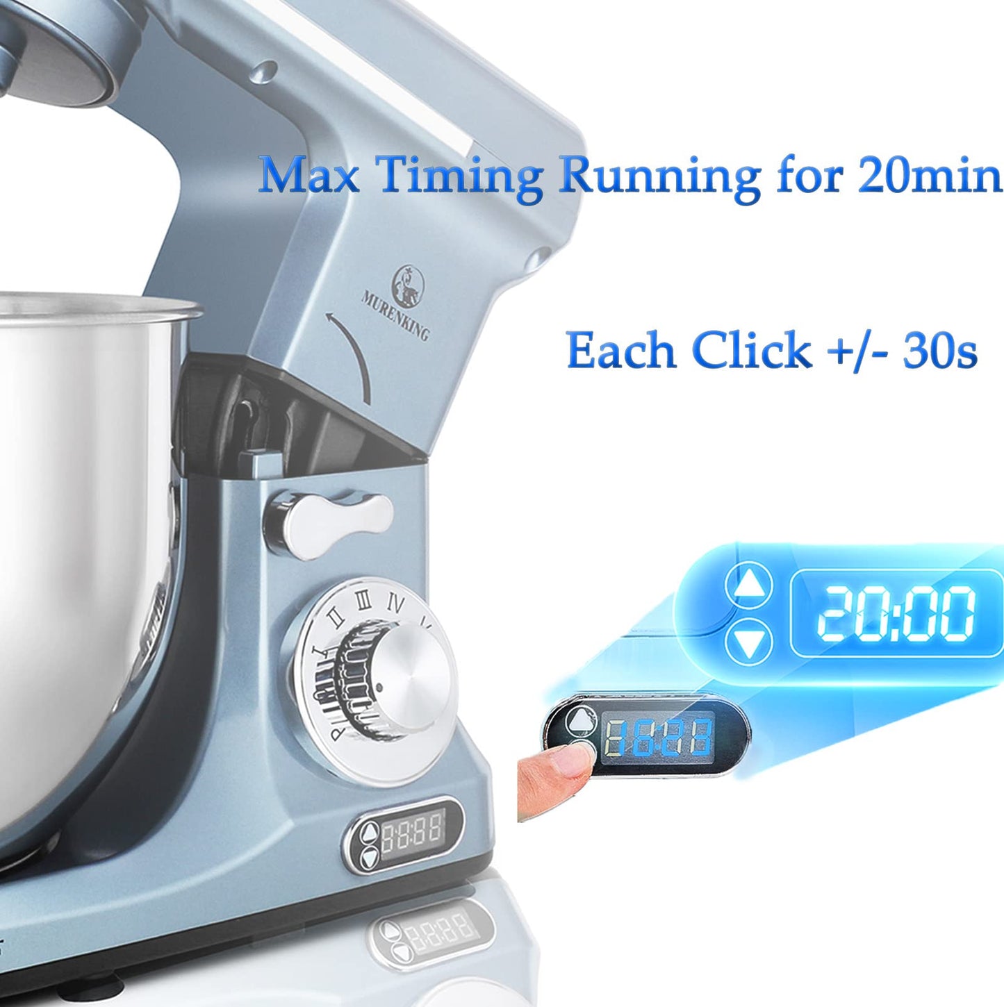 MURENKING Professional Stand Mixer, 6-Qt with Timer, MK37 500W 6-Speed Tilt-Head Food Electric Mixer Kitchen Machine,Plastic (Silver Blue)