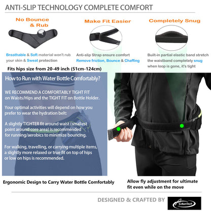 AiRunTech Upgraded No Bounce Hydration Belt Can be Cut to Size Design Strap for Any Hips for Men Women Running Belt with Water Bottle Holder with Large Pocket Fits Most Smartphones(Pink)