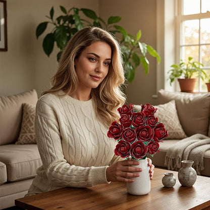 Burgundy Red Rose Bouquet Building Set for Girls &amp Boys - 12 Pack Botanical Collection Gift for Easter Basket Artificial Flowers Botanical Collection Centerpiece Retro Decor