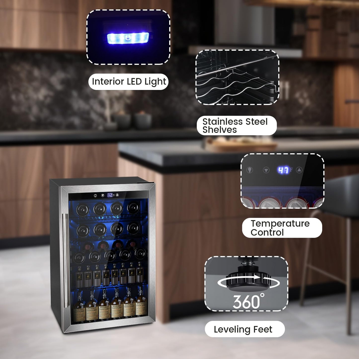 Electactic Wine Cooler 37 Bottle Freestanding Fridge with Stainless Steel Reversible Glass Door, 145 Can Beverage Refrigerator Quiet Compressor for Home Kitchen Bar, 4.5 Cu.ft Silver