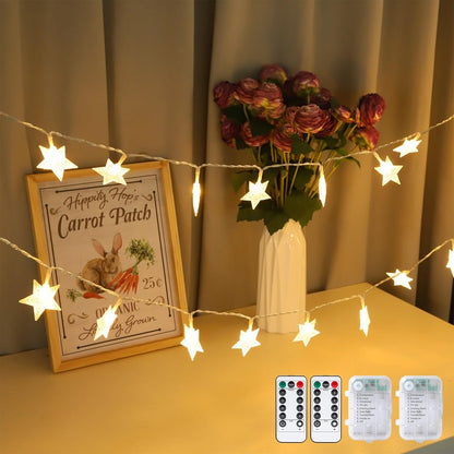 2 Pack Star String Lights Total 33ft 100 LED Hanging Star Fairy Lights Battery Operated for Indoor Outdoor Waterproof Twinkle Lights with Remote Control for Bedroom Party Christmas Decor Warm White
