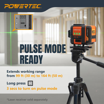 POWERTEC LE3360V 3×360° Laser Level, Self-Leveling with Remote Control & Lift Platform, USB-C Rechargeable – For Construction, Tiling, Framing, Drop Ceilings, Cabinets & DIY Projects