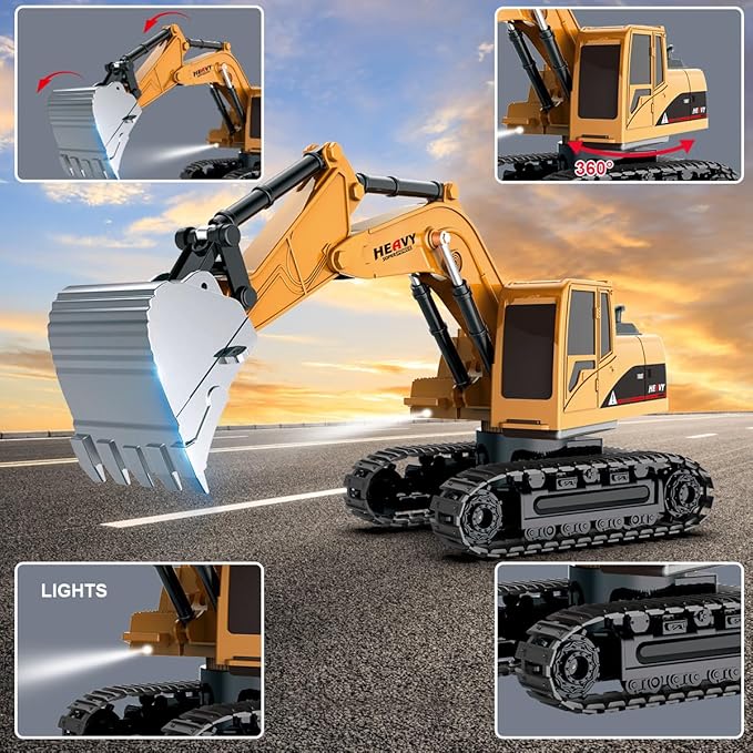 Remote Control Excavator and Dump Truck Toy Set - RC Excavator and Dump Truck with Lights and Sounds - Rechargable Digger Car Construction Vehicles Toy Set Gifts for Boys Kids