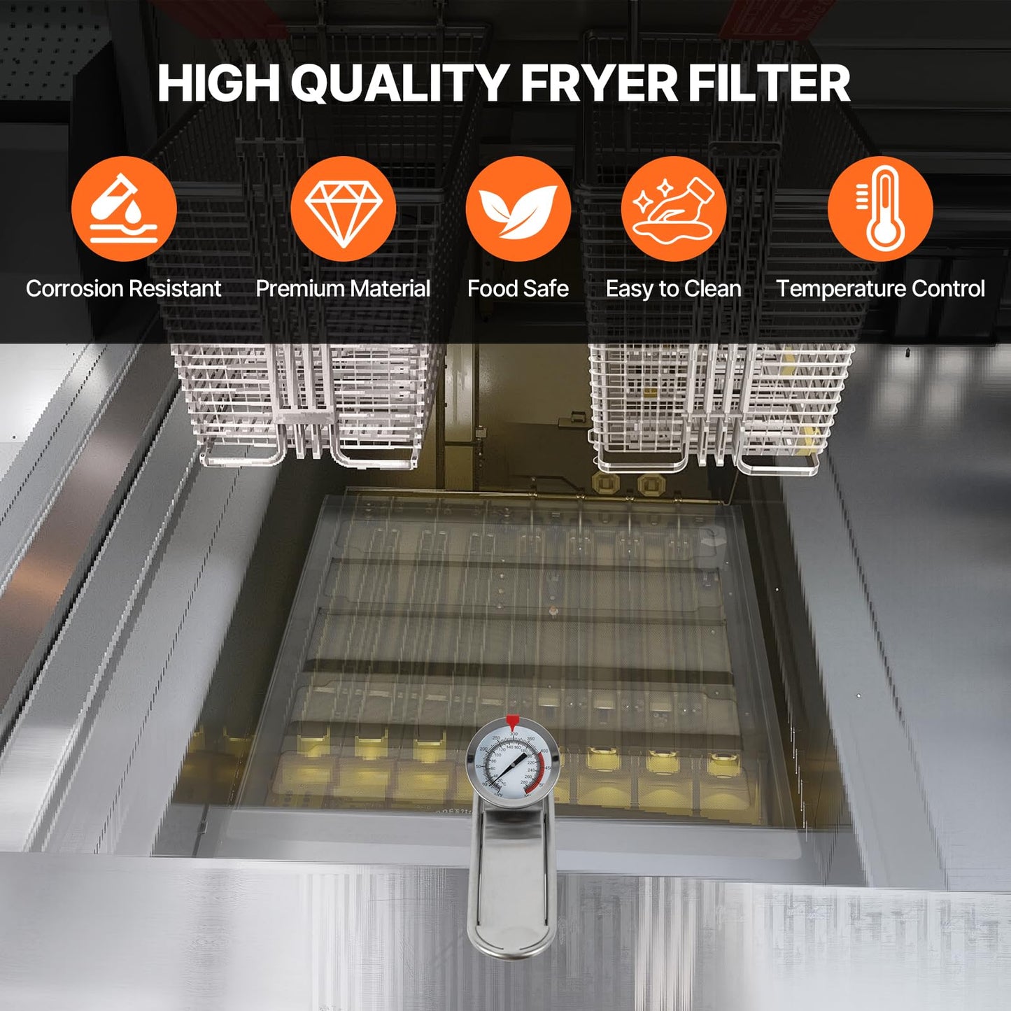 KodMtiz Commercial TK45 Deep Fryer Filter, 13.5" x 13.5" 304 Stainless Steel Filter Screen with Thermometer, Extend Oil Life by 40%, 550 Micron Skimmer Fryer Strainer for Kitchens & Restaurants