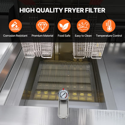 KodMtiz Commercial TK45 Deep Fryer Filter, 13.5" x 13.5" 304 Stainless Steel Filter Screen with Thermometer, Extend Oil Life by 40%, 550 Micron Skimmer Fryer Strainer for Kitchens & Restaurants