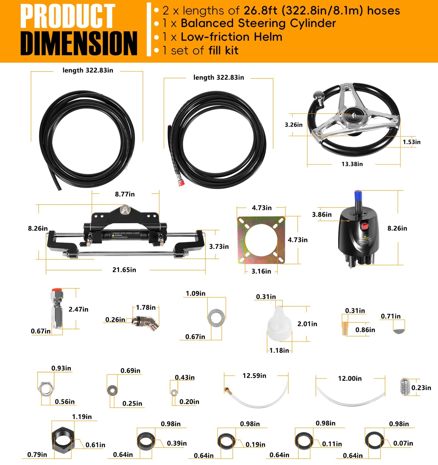 𝐔𝐩𝐠𝐫𝐚𝐝𝐞 200HP Hydraulic Outboard Steering Kit Boat Marine System with Electroplated Steering Wheel, Helm Pump, Hydraulic Cylinder, 26ft PU Hoses, Fit for Most Single Outboard-Powered Boats