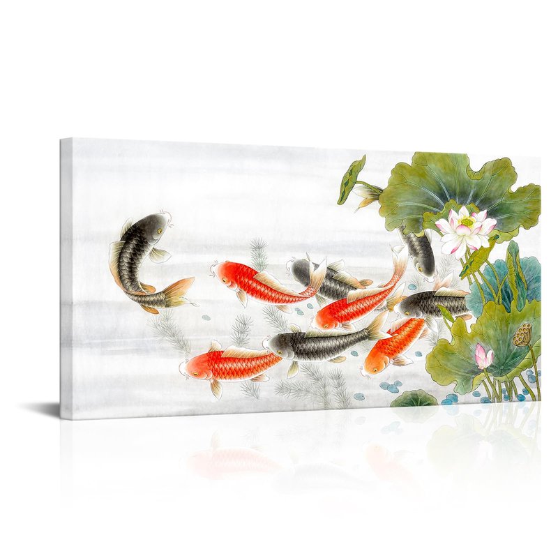 iLOOKLiKE Nine Koi Fish Canvas Wall Art Feng Shui Lucky Carp Lotus Flower Leaves Pond Picture Traditional Chinese Paintings Print Asian Artwork Poster Home Decor for Living Room Bedroom 20x40inch