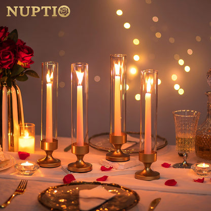 NUPTIO Hurricane Glass Candle Holder: Set of 10 Metal Taper Candle Holders with Sleeves - Gold Candlestick Holders Bulk for Outdoor Party Wedding Table Centerpiece Decoration
