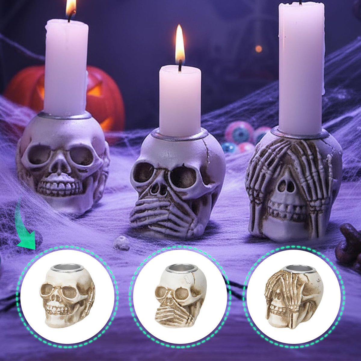 Helloween Skull Candle Holder Set of 3 Skeleton Head Candlestick Holders,Resin Skull Decor for Home Tabletop Spooky Theme Party Decor Supplies