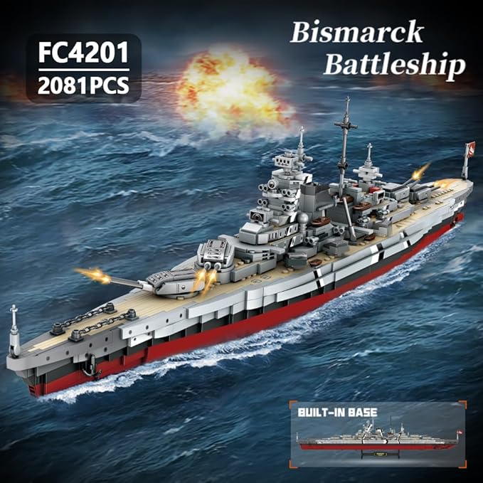Technik FC4201 German Battleship Bismarck Building Blocks 2081 PCS MOC Large WWII German Military Warship Marine Battleship Model for Adult
