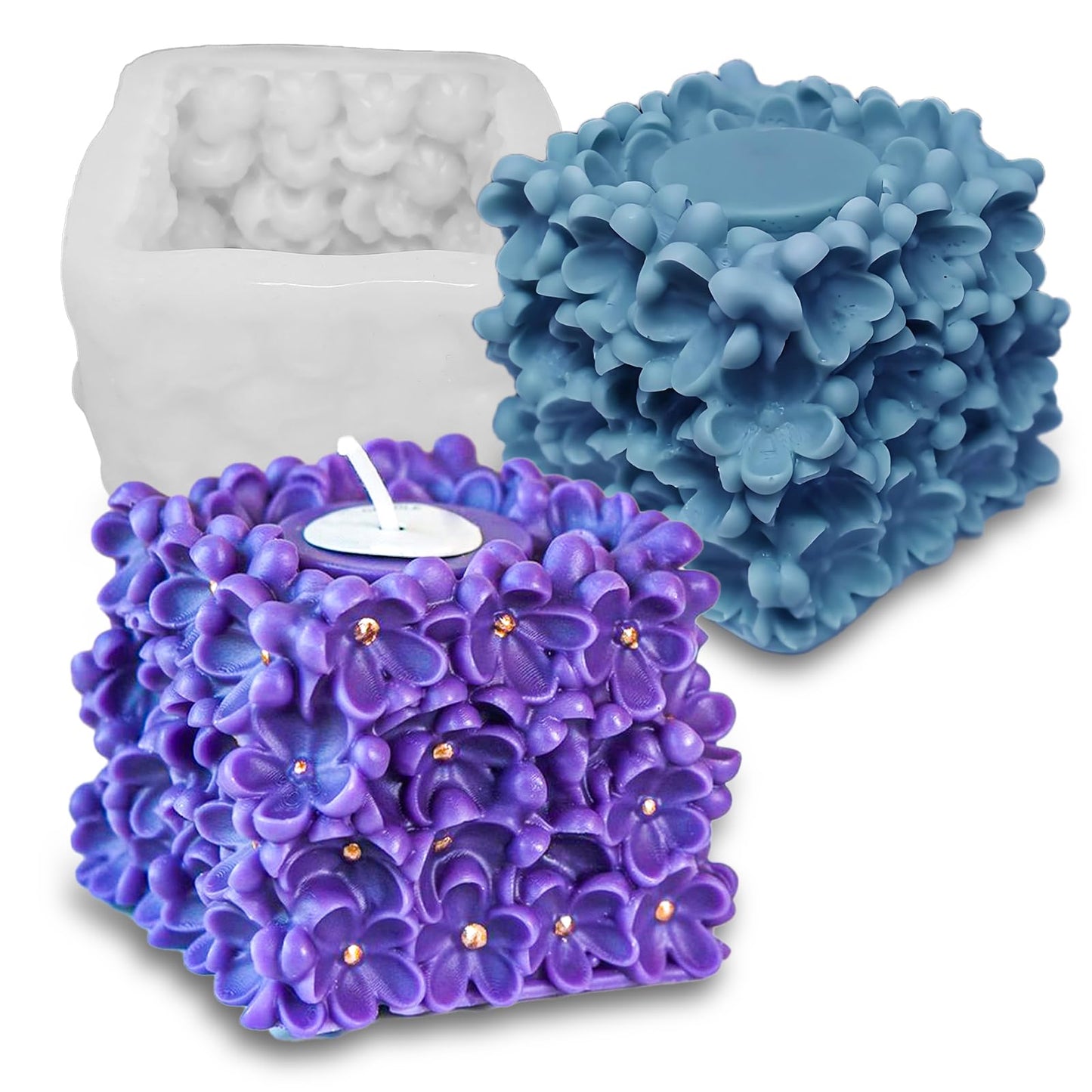 Wehous Unique Flower Candle Molds for Candle Making, 3D Square Hydrangea Flower Silicone Molds for Resin Candle Soap Wax, Floral Silicone Fondant Chocolate Cake Decor Molds DIY Craft Home Decor