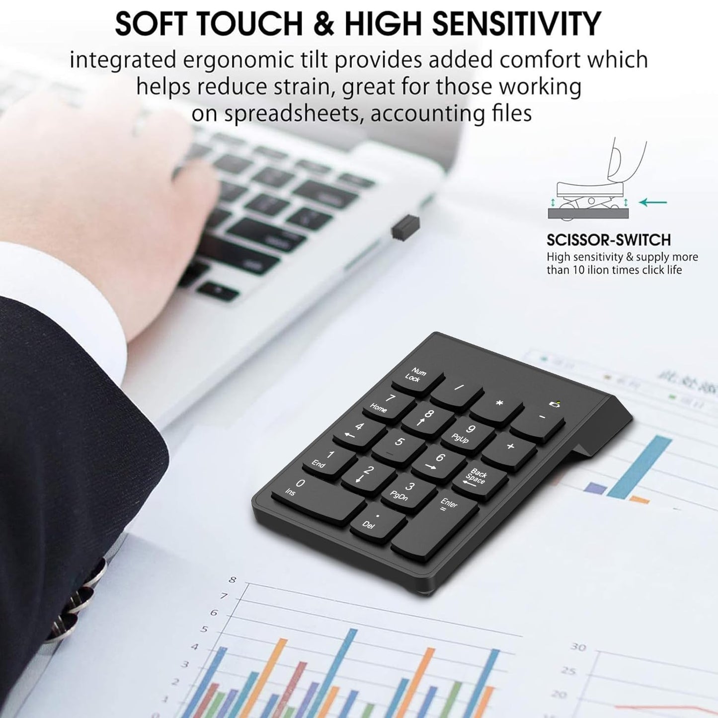 NOOX Wireless Number Pad, Numeric Keypad Numpad Keyboard 10 Key USB Keypad Office Accounting Essentials Desktop Computer Laptops Accessories Compatible Chromebook Notebook EliteBook MateBook etc.