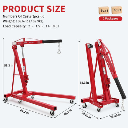 ActiveTrail 2 Ton Folding Hydraulic Engine Hoist, Load Leveler, 4400 LBS Capacity, Heavy Duty Cherry Picker, 6 Swivel Wheels, Hydraulic Pump Adjustable Boom (0.5t-2t) for Garage Workshop Warehouse