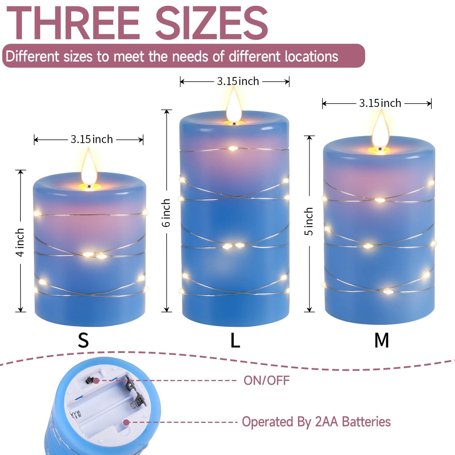 Da by 3 Pack Blue Real Wax Flameless Taper Candles, Lifelike Flickering LED Flame Candles with Surrounding Fairy String Lights, Soft Warm Battery Candles with Remote for Home Wedding Holiday Decor