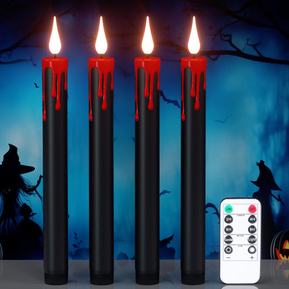 DRomance Black Flameless Taper Candles Flickering with Remote and Timer, Blood Dripping Wax Effect Battery Operated Yellow Light LED Taper Candles Dinner Halloween Spooky Decor(4 Pack, 0.78" x 8.9")