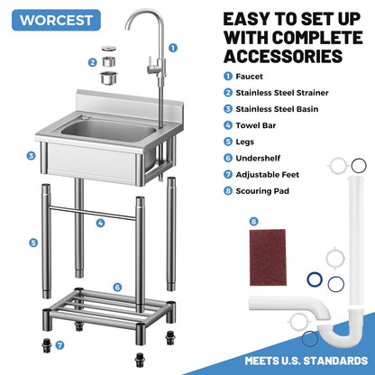 Utility Sink Free Standing Single Bowl Kitchen Sink with Cold and Hot Water Pipe Stainless Steel Sink for Garage Shop Laundry Room Basement Garden Farmhouse Mens Gifts Ourdoor Indoor fregadero