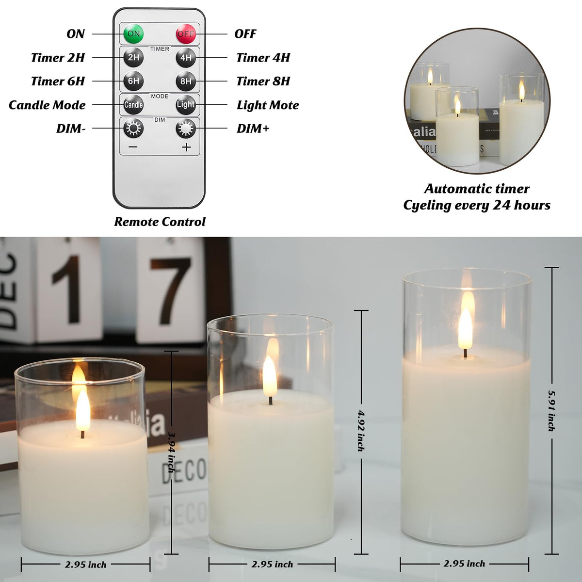 Homwamee Flameless Candle in Glass, Flashing LED Pillar Real Wax Fake Candle with Remote Control and Timer, Battery Operated Electronic Candles for Wedding Home Decorations - 3Pack