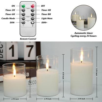 Homwamee Flameless Candle in Glass, Flashing LED Pillar Real Wax Fake Candle with Remote Control and Timer, Battery Operated Electronic Candles for Wedding Home Decorations - 3Pack