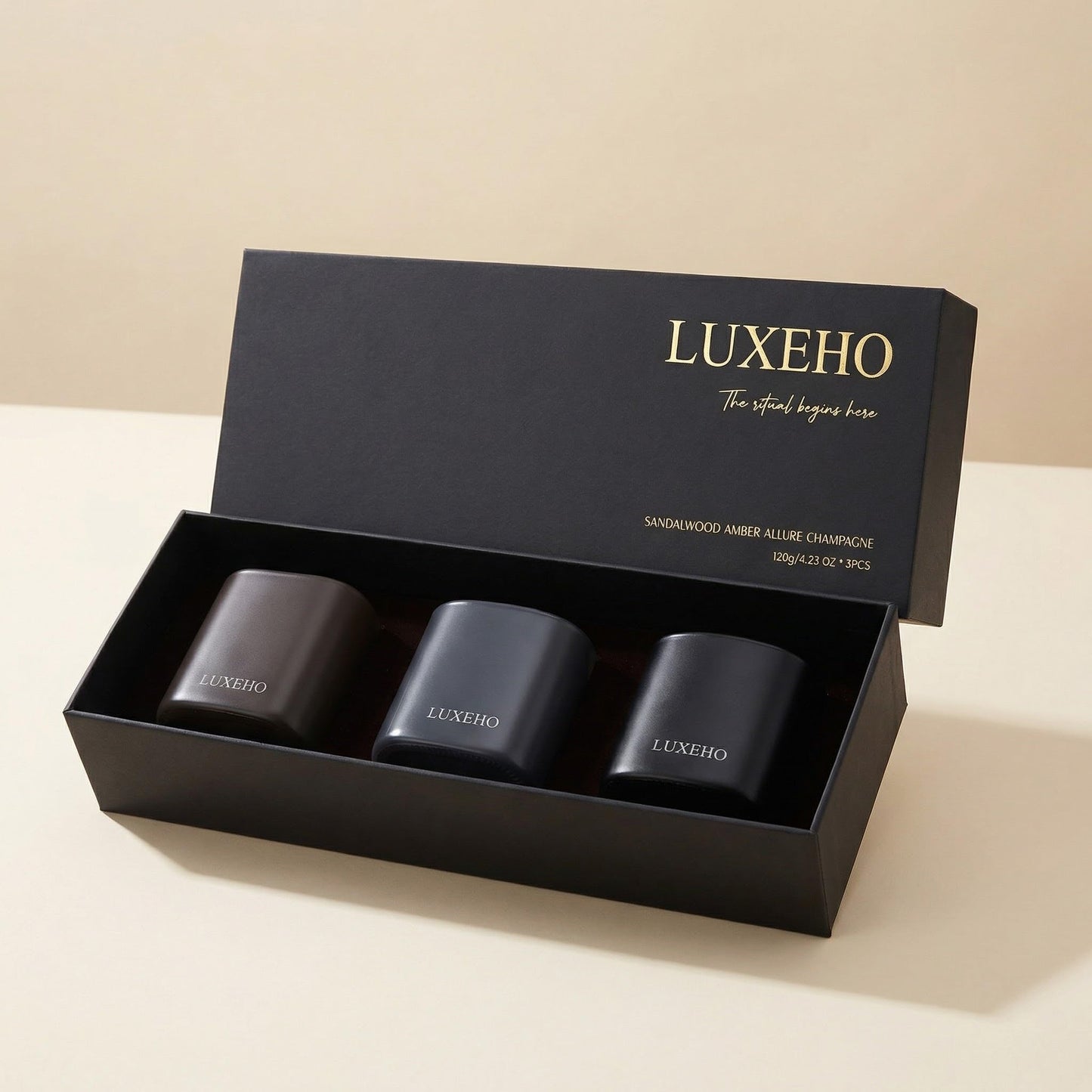 Luxury Scented Candle Set 3-Pack | Home Decor & Giftable Soy Candles | Champagne, Sandalwood & Amber | 75h Burn Time | Cotton Wick | Elegant Decorative Jars