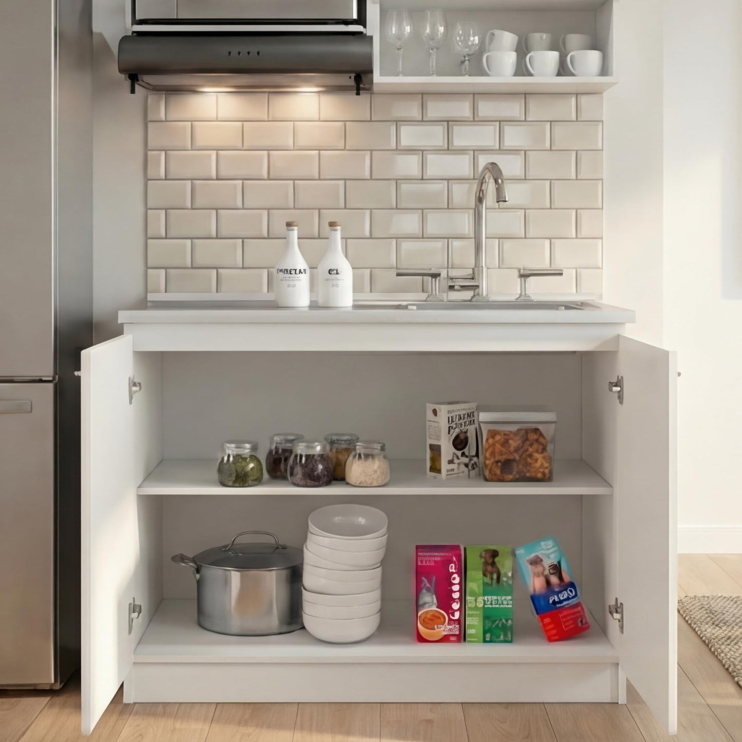 Tuhome Napoles Utility Sink Base Cabinet with Integrated Stainless Steel Countertop, Freestanding Cabinet with Double Doors, Interior Shelf for Laundry Room, Utility Room, Mudroom or Kitchen