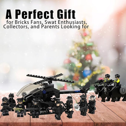 SWAT Set with 12 SWAT Officers 2 Mounted Police with Horse – 1 Helicopter 1 Armored SWAT SUV Vehicleand 2 MotorcycleSafe &amp Durable ABS – Great Gift for Kids Boys and Collectors