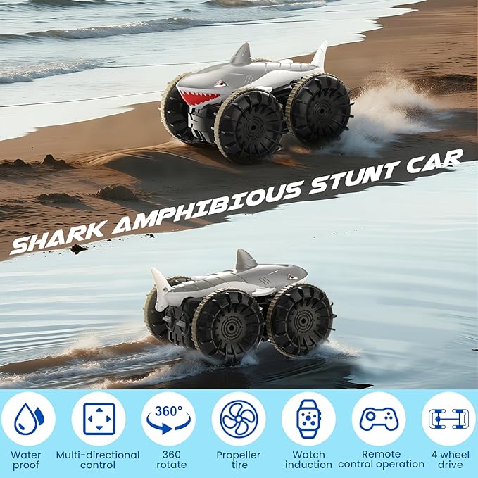 SIMREX Shark Amphibious Remote Control Car - Gift for Kids Boys Girls 4WD Waterproof RC Car 360° Stunt Dual Remote Control 50m Long Range 2 Rechargeable Batteries (Silver)