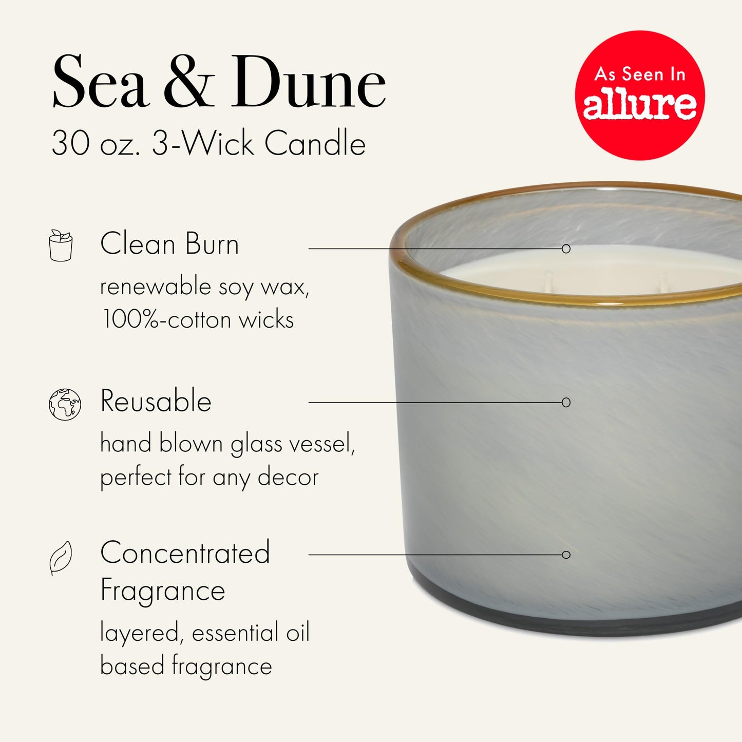LAFCO New York 3-Wick Candle, Sea & Dune - 30 oz - 120-Hour Burn Time - Reusable, Hand Blown Glass Vessel - Made in The USA