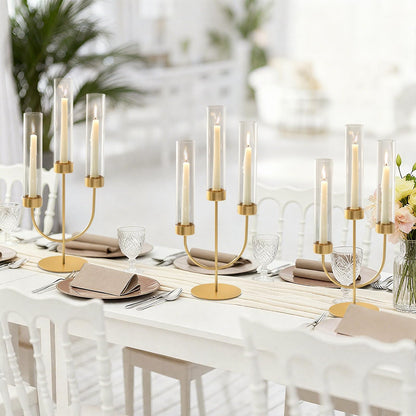 Sziqiqi Gold Candelabra for Wedding Centerpiece: 3 Arm Candle Holders with Cylinder for Taper Candle Stick - Metal Candlestick Holders Set of 2 for Christmas Engagement Table Decor