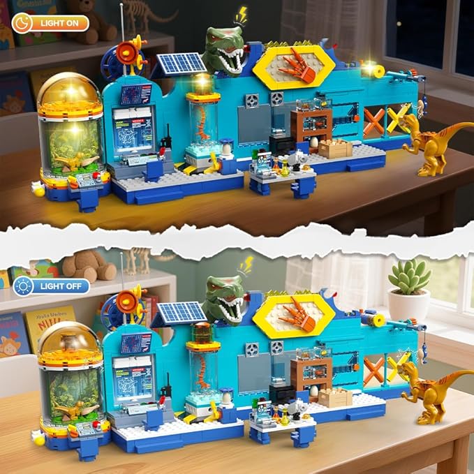 HOGOKIDS 2-in-1 Dinosaur Research Institute Building Set with Light - 837PCS Dino World Building Blocks Toys with 2 Dinosaur Figures Dinosaur Playset Birthday Xmas Gifts for Boys Girls Age 8-14 Years