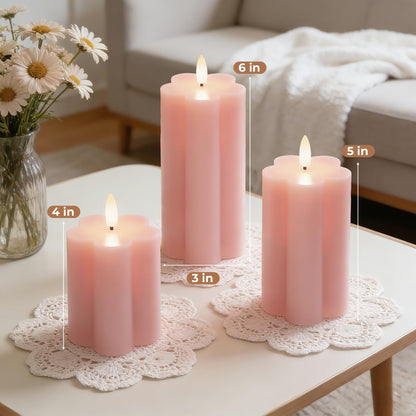 Velsyn Pink Flower Flameless Candles with Remote and Timer Real Wax Made LED Pillar Candles Battery Operated with 3D Flickering Flame Indoor Use Spring Decor, 3" x 4",5",6", Set of 3