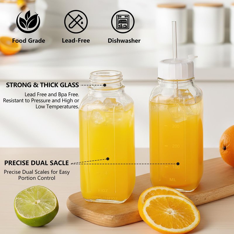 Ruckae 16oz 12 Pack Glass Juice Bottles with Hole Lids - Reusable Square Glass Juice Bottles with Leak-Proof Lid & Capacity Marks for Containers Juicing,Milk,Smoothies