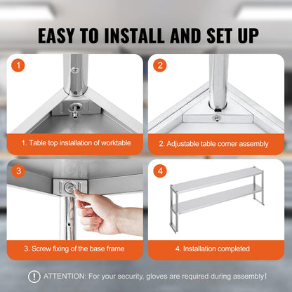 VEVOR Double Tier Stainless Steel Overshelf, 12 x 72 Inch Double Deck Height Adjustable Prep Work Table for Kitchen, Restaurant and Workshop