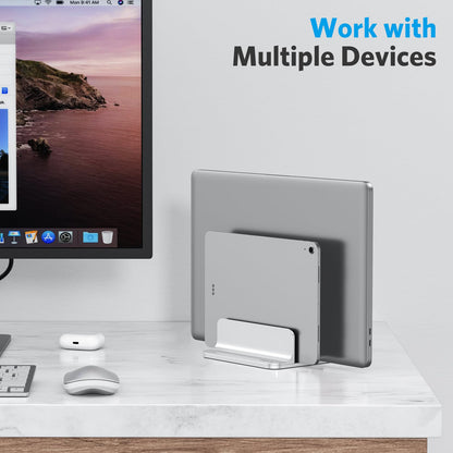 OMOTON [Updated Dock Version] Vertical Laptop Stand, Double Desktop Stand Holder with Adjustable Dock (Up to 17.3 inch), Fits All MacBok/Surface/Samsung/HP/Dell/Chrome Book (Silver)