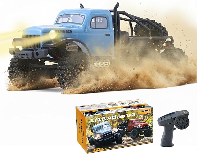 EAZYRC FMS Rochobby 1/10 Atlas Ready Set RC Crawler RC Truck 4X4 with Lighting 2.4GHz RadioBall Bearing Metal-Gear Full4 Link SuspensionRapid Separation Car Body for Adult (1/18 Blue)