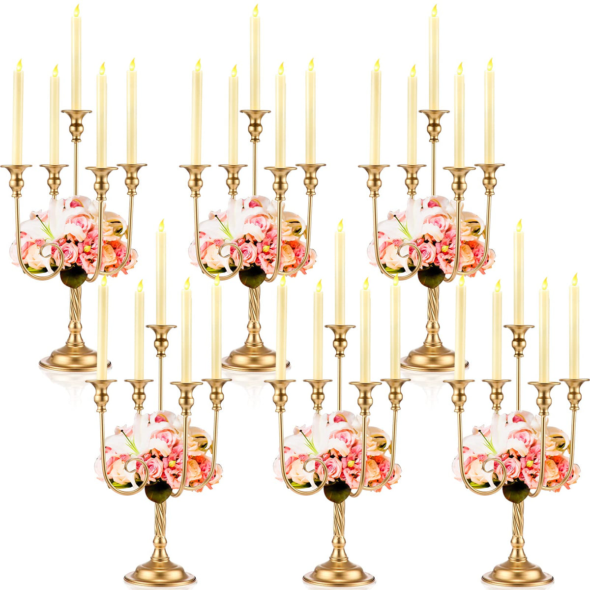 Rtteri 6 Pcs Gold Candelabra Candlestick Holder Metal Candle Stand Candelabra for Taper Candles Table Centerpieces Wedding Christmas Holiday Birthday Party (9.45 x 9.45 x 19.7 Inch,5 Arm)