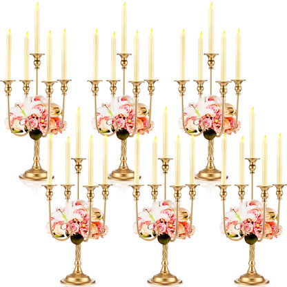 Rtteri 6 Pcs Gold Candelabra Candlestick Holder Metal Candle Stand Candelabra for Taper Candles Table Centerpieces Wedding Christmas Holiday Birthday Party (9.45 x 9.45 x 19.7 Inch,5 Arm)